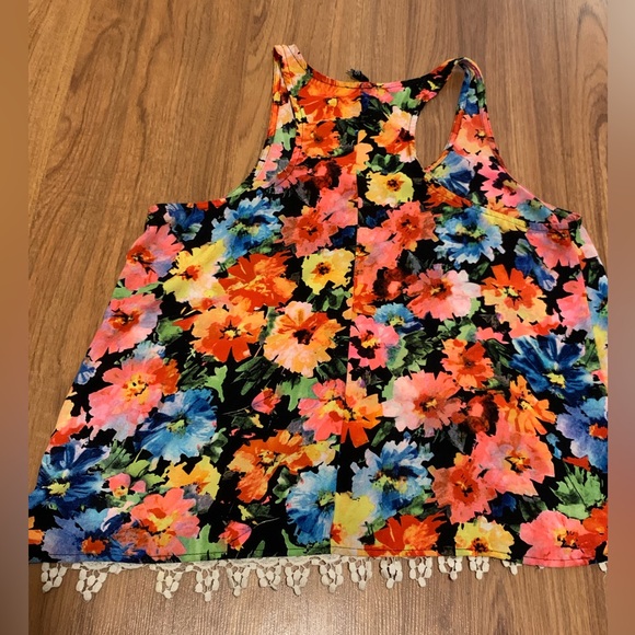 LOVE CULTURE bright neon colourful vintage boho floral crochet trim tank top - Picture 3 of 13